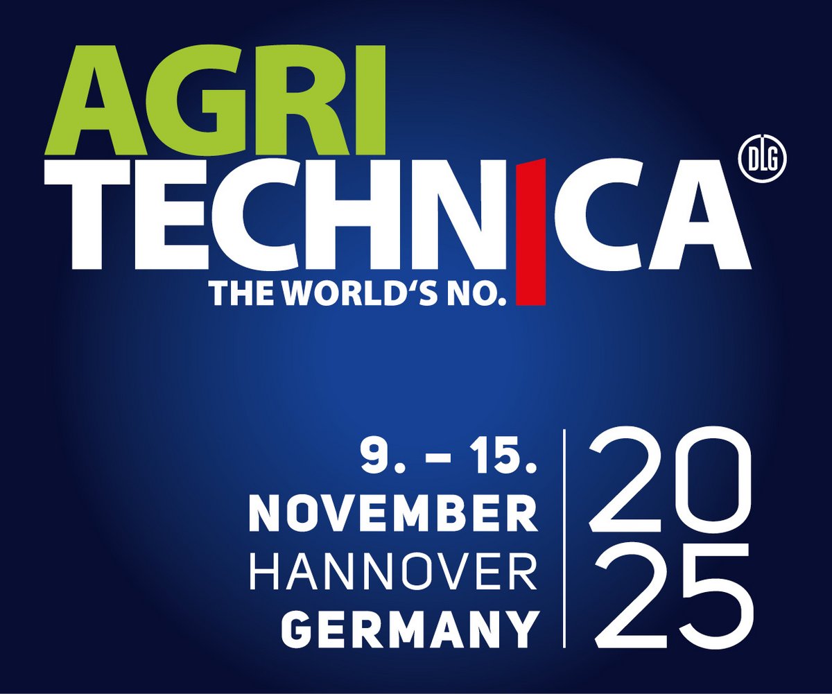 Logo Agritechnica The World's No. 1 Das Datum der Messe 9.-15. November 2025 und der Ort Hannover Germany sind in weiß auf dunkelblauem Hintergrund abgebildet